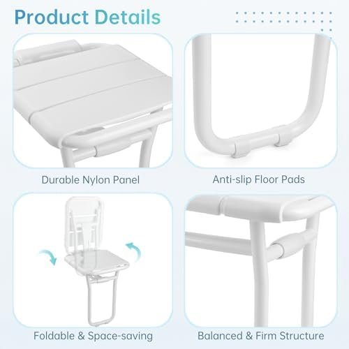 Wall Mounted Folding Shower Seat, Hybodies Bath Chair Shower Bench Seat with 385 LB Capacity, Wall Shower Chair for Senior, The Disabled, Pregnant Women, Multipurpose Stool for Shoe Changing, Sitting