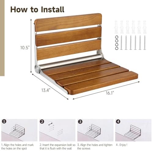 Folding Teak Shower Seat Wall Mounted, Hybodies Waterproof Wood Shower Bench, Wall Mounted Fold Down Wood Stool, Home Care Shower Chair Bench for Pregnants Seniors, Maximum Load 440lb