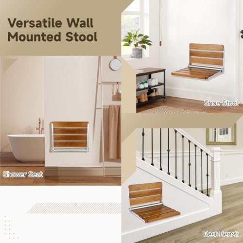 Folding Teak Shower Seat Wall Mounted, Hybodies Waterproof Wood Shower Bench, Wall Mounted Fold Down Wood Stool, Home Care Shower Chair Bench for Pregnants Seniors, Maximum Load 440lb