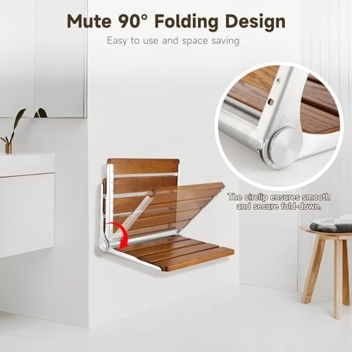 Folding Teak Shower Seat Wall Mounted, Hybodies Waterproof Wood Shower Bench, Wall Mounted Fold Down Wood Stool, Home Care Shower Chair Bench for Pregnants Seniors, Maximum Load 440lb