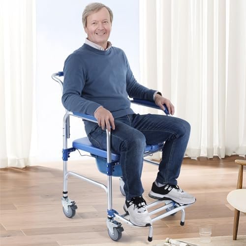 Widened Bedside Commode Wheelchair, Waterproof Aluminum Shower Chair with Lockable Casters, Anti-Tilt Foldable Footrest, 330lbs Weight Capacity, 3 in 1 Multifunctional Commode Chair with Padded Seat