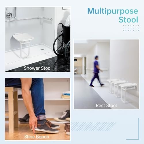 Wall Mounted Folding Shower Seat, Hybodies Bath Chair Shower Bench Seat with 385 LB Capacity, Wall Shower Chair for Senior, The Disabled, Pregnant Women, Multipurpose Stool for Shoe Changing, Sitting
