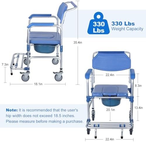 Widened Bedside Commode Wheelchair, Waterproof Aluminum Shower Chair with Lockable Casters, Anti-Tilt Foldable Footrest, 330lbs Weight Capacity, 3 in 1 Multifunctional Commode Chair with Padded Seat