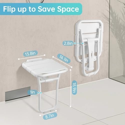 Wall Mounted Folding Shower Seat, Hybodies Bath Chair Shower Bench Seat with 385 LB Capacity, Wall Shower Chair for Senior, The Disabled, Pregnant Women, Multipurpose Stool for Shoe Changing, Sitting