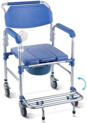 Widened Bedside Commode Wheelchair, Waterproof Aluminum Shower Chair with Lockable Casters, Anti-Tilt Foldable Footrest, 330lbs Weight Capacity, 3 in 1 Multifunctional Commode Chair with Padded Seat