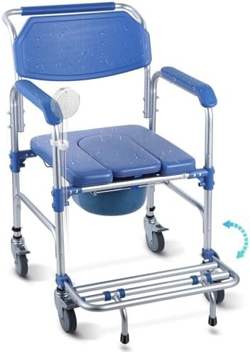 Widened Bedside Commode Wheelchair, Waterproof Aluminum Shower Chair with Lockable Casters, Anti-Tilt Foldable Footrest, 330lbs Weight Capacity, 3 in 1 Multifunctional Commode Chair with Padded Seat