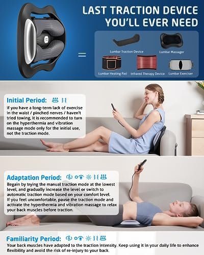Lower Back Stretching Massager, Electric Lumbar Traction Device with Dynamic Stretching, Adjustable Temperature (104°F - 118.4°F), Vibration Massage - For the Lumbar Spine & Relieving Lower Back Pain