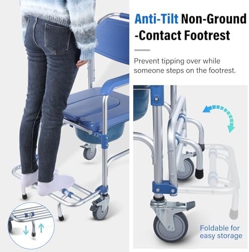 Widened Bedside Commode Wheelchair, Waterproof Aluminum Shower Chair with Lockable Casters, Anti-Tilt Foldable Footrest, 330lbs Weight Capacity, 3 in 1 Multifunctional Commode Chair with Padded Seat