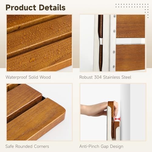 Folding Teak Shower Seat Wall Mounted, Hybodies Waterproof Wood Shower Bench, Wall Mounted Fold Down Wood Stool, Home Care Shower Chair Bench for Pregnants Seniors, Maximum Load 440lb