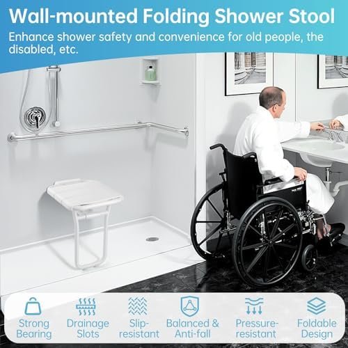 Wall Mounted Folding Shower Seat, Hybodies Bath Chair Shower Bench Seat with 385 LB Capacity, Wall Shower Chair for Senior, The Disabled, Pregnant Women, Multipurpose Stool for Shoe Changing, Sitting
