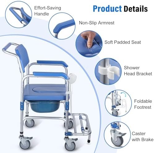 Widened Bedside Commode Wheelchair, Waterproof Aluminum Shower Chair with Lockable Casters, Anti-Tilt Foldable Footrest, 330lbs Weight Capacity, 3 in 1 Multifunctional Commode Chair with Padded Seat