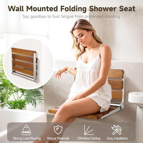 Folding Teak Shower Seat Wall Mounted, Hybodies Waterproof Wood Shower Bench, Wall Mounted Fold Down Wood Stool, Home Care Shower Chair Bench for Pregnants Seniors, Maximum Load 440lb