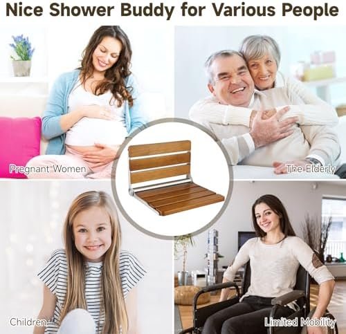 Folding Teak Shower Seat Wall Mounted, Hybodies Waterproof Wood Shower Bench, Wall Mounted Fold Down Wood Stool, Home Care Shower Chair Bench for Pregnants Seniors, Maximum Load 440lb