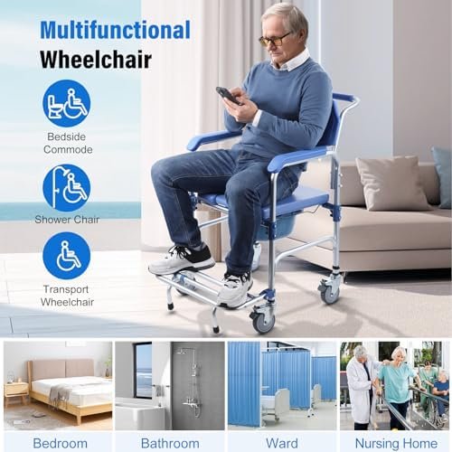 Widened Bedside Commode Wheelchair, Waterproof Aluminum Shower Chair with Lockable Casters, Anti-Tilt Foldable Footrest, 330lbs Weight Capacity, 3 in 1 Multifunctional Commode Chair with Padded Seat